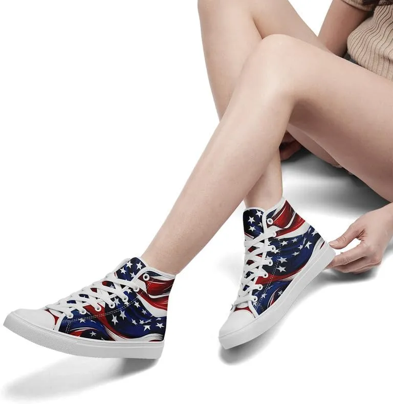American Flag High Top Canvas Shoes, USA Flag Fashion Sneakers Lightweight Lace-Up Casual Walking Shoes for Women & Men