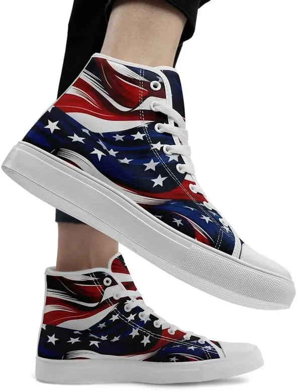 American Flag High Top Canvas Shoes, USA Flag Fashion Sneakers Lightweight Lace-Up Casual Walking Shoes for Women & Men