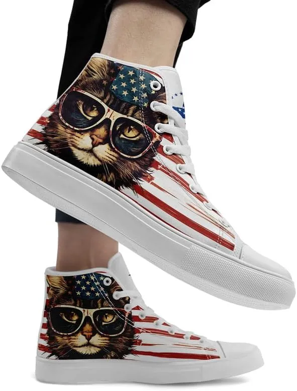 American Flag High Top Canvas Shoes, USA Flag Fashion Sneakers Lightweight Lace-Up Casual Walking Shoes for Women & Men