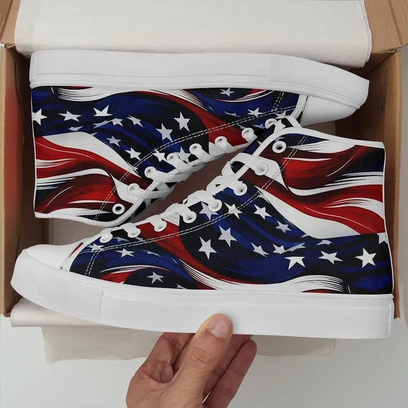 American Flag High Top Canvas Shoes, USA Flag Fashion Sneakers Lightweight Lace-Up Casual Walking Shoes for Women & Men