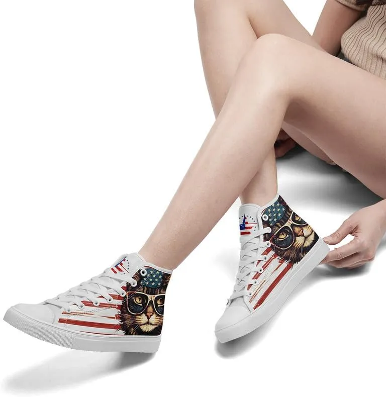 American Flag High Top Canvas Shoes, USA Flag Fashion Sneakers Lightweight Lace-Up Casual Walking Shoes for Women & Men