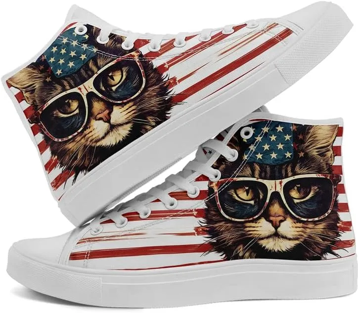 American Flag High Top Canvas Shoes, USA Flag Fashion Sneakers Lightweight Lace-Up Casual Walking Shoes for Women & Men