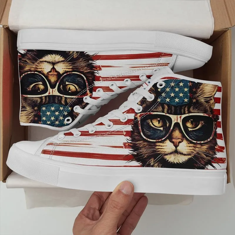 American Flag High Top Canvas Shoes, USA Flag Fashion Sneakers Lightweight Lace-Up Casual Walking Shoes for Women & Men