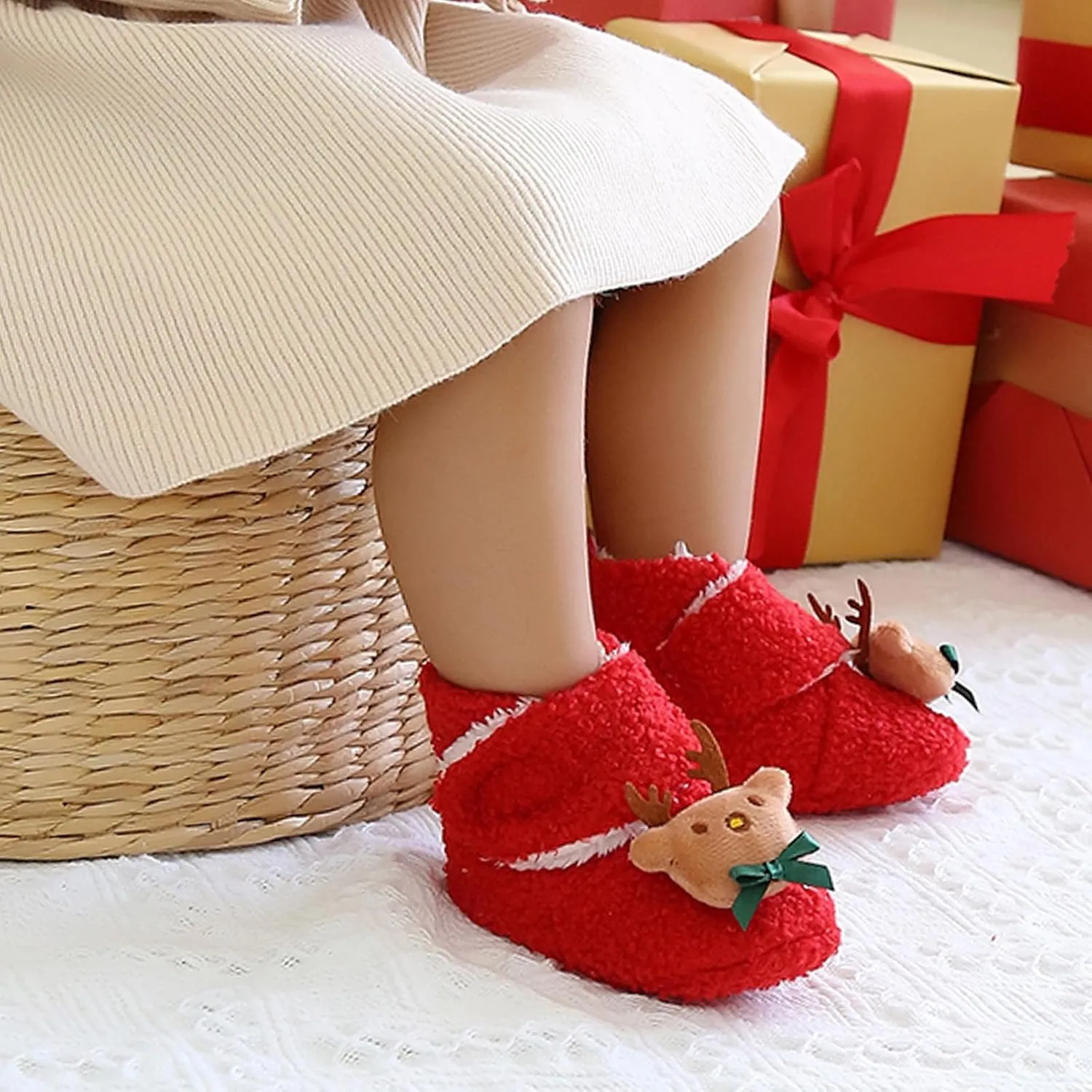 Baby Christmas Booties Infant Newborn Boys Girls Cozy Fleece Slippers Soft Winter Warm Crib Sock Shoes First Walkers