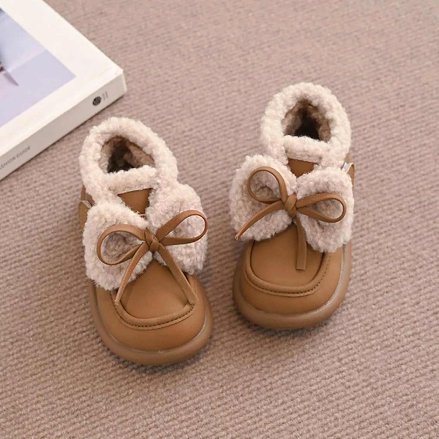 Girls Plush Lined Ankle Boots Slip On Low Calf Boots Non Slip Short Boots Winter Soft Sole Flat Boots For Toddler