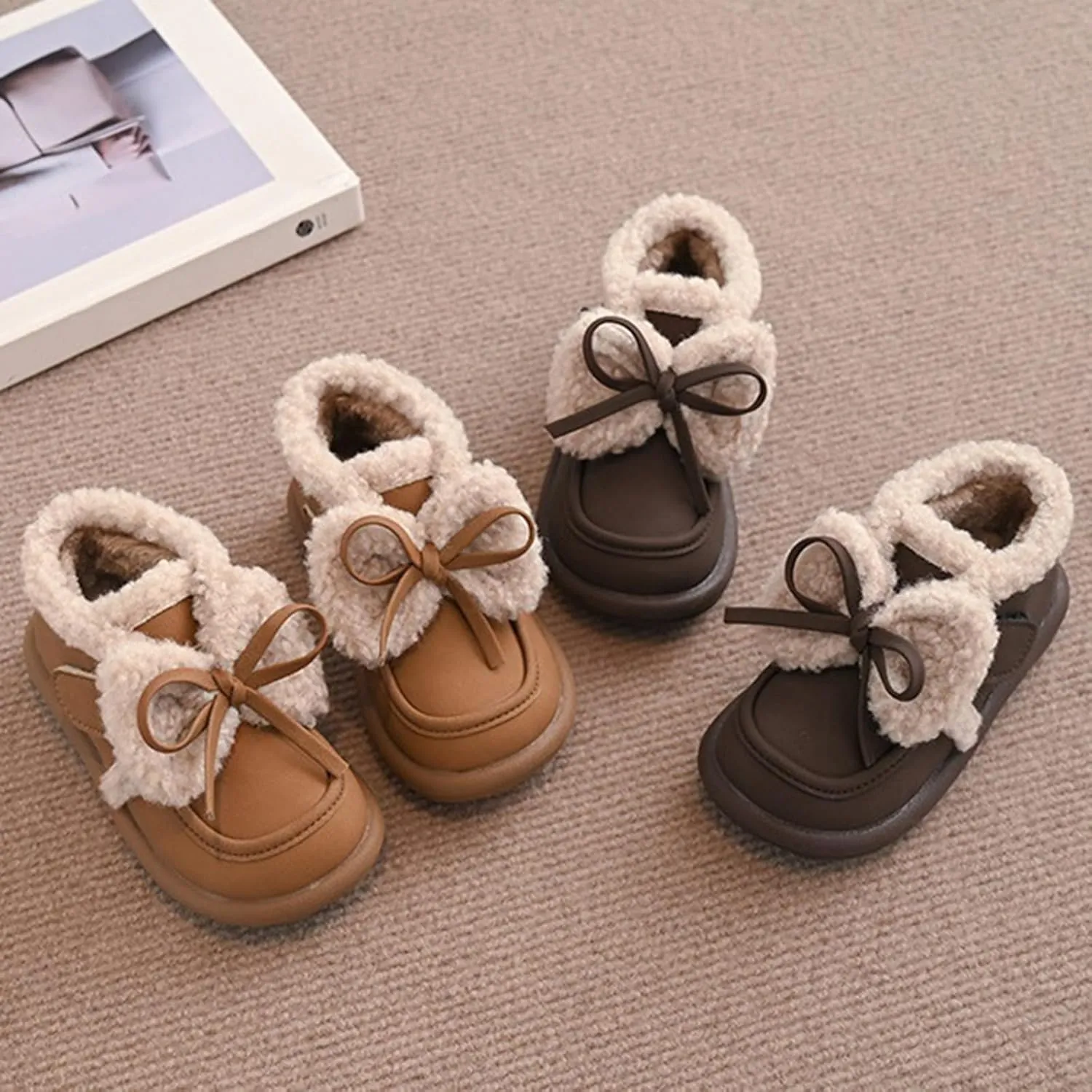 Girls Plush Lined Ankle Boots Slip On Low Calf Boots Non Slip Short Boots Winter Soft Sole Flat Boots For Toddler