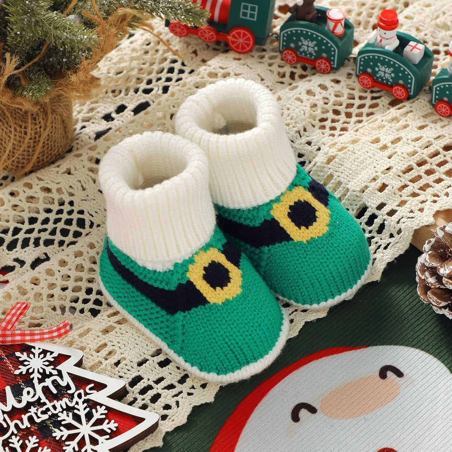 Hadetoto Baby Christmas Booties Newborn Girl Boy Cozy Sock Shoes Infant Toddler Warm Knit Booties