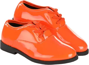 Kids Orange Shiny Tuxedo Shoes - Child Faux Patent Leather, Lace-Up, Rubber Soles