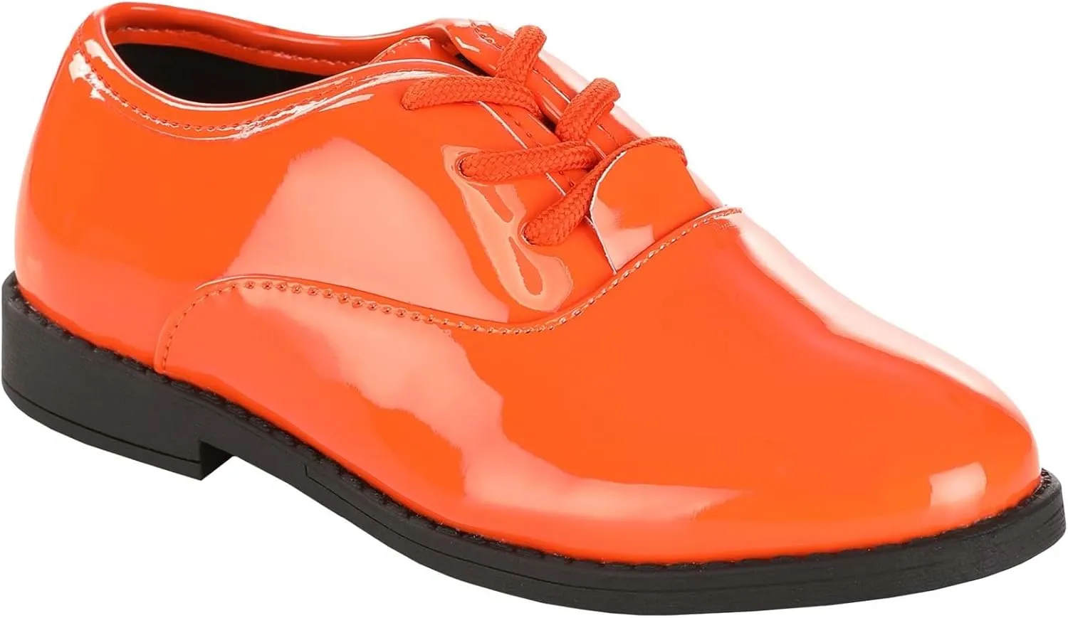 Kids Orange Shiny Tuxedo Shoes - Child Faux Patent Leather, Lace-Up, Rubber Soles