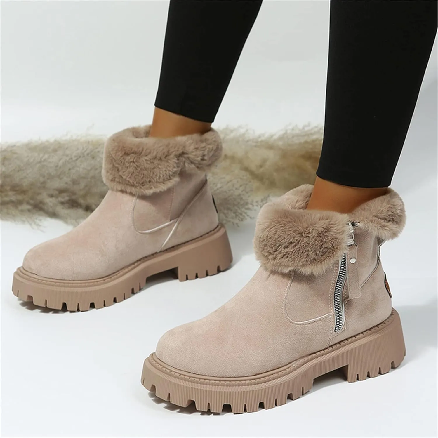 Ladmiple Winter Boots For Women Fashion Warm Fur Lined Snow Ankle Booties Outdoor Comfortable Slip On Walking Shoes