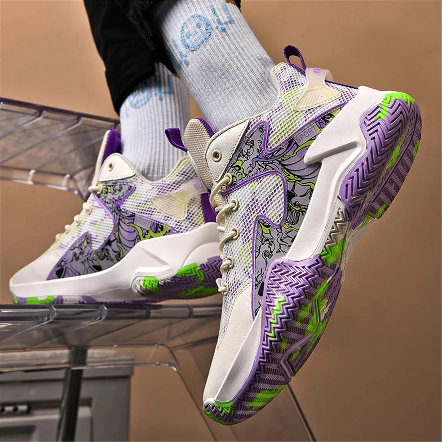 Men's Breathable Mesh Lace Up Basketball Shoes Fashion High-Top Non-Slip Sneakers Casual Gym Sports Tennis Jogging Shoes