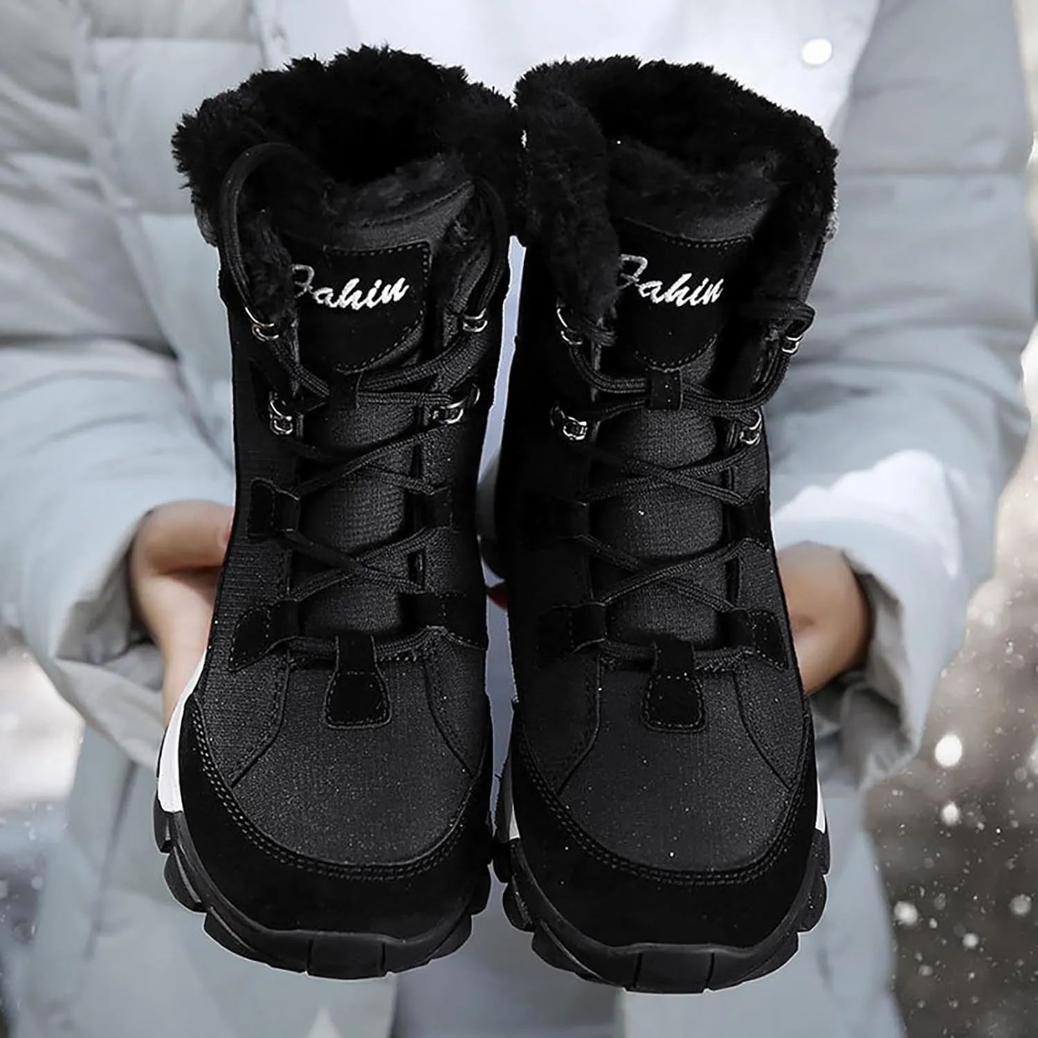 Men's Insulated Waterproof Hiking Snow Boots Fur Lined Winter Boot Non-Slip Outdoor Ankle High-top Shoes