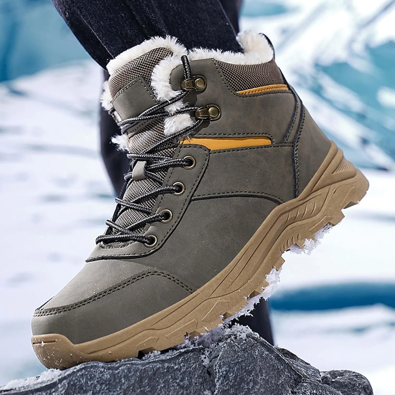 Men's Snow Boots Winter Warm Hiking Ankle Boots Outdoor Non-Slip Hiking Boots Fur Lined Warm Casual Winter Work Boots-Men's Large Size-6-14 US Size