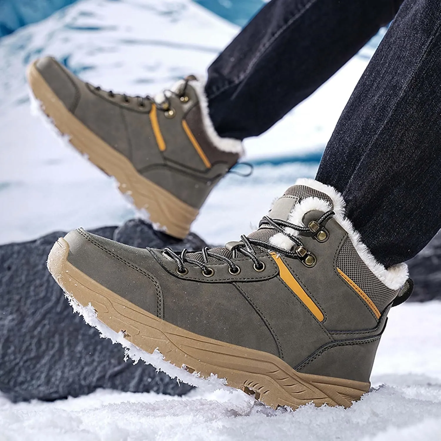 Men's Snow Boots Winter Warm Hiking Ankle Boots Outdoor Non-Slip Hiking Boots Fur Lined Warm Casual Winter Work Boots-Men's Large Size-6-14 US Size