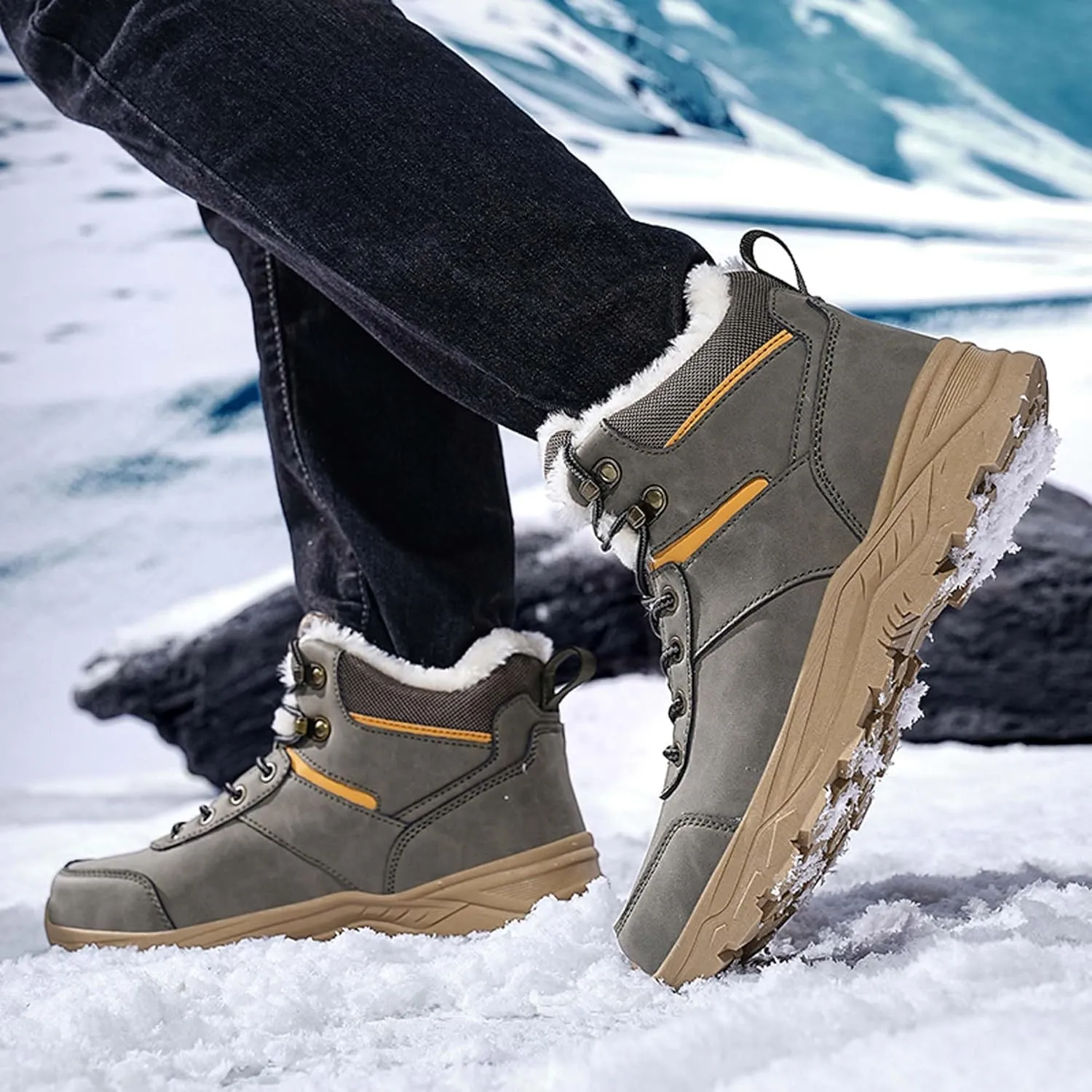 Men's Snow Boots Winter Warm Hiking Ankle Boots Outdoor Non-Slip Hiking Boots Fur Lined Warm Casual Winter Work Boots-Men's Large Size-6-14 US Size