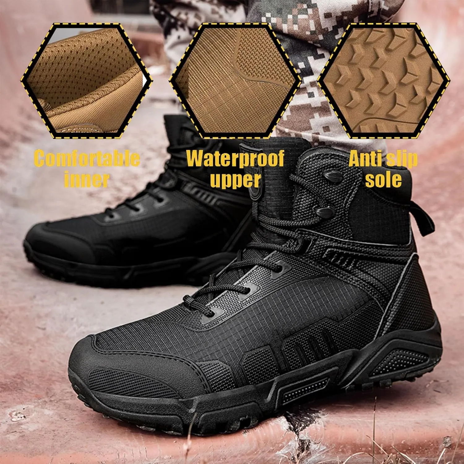 Mens Tactical Combat Boots | Waterproof, Lightweight, Slip-Resistant Hiking Boots for Outdoor, Work, and Military Use
