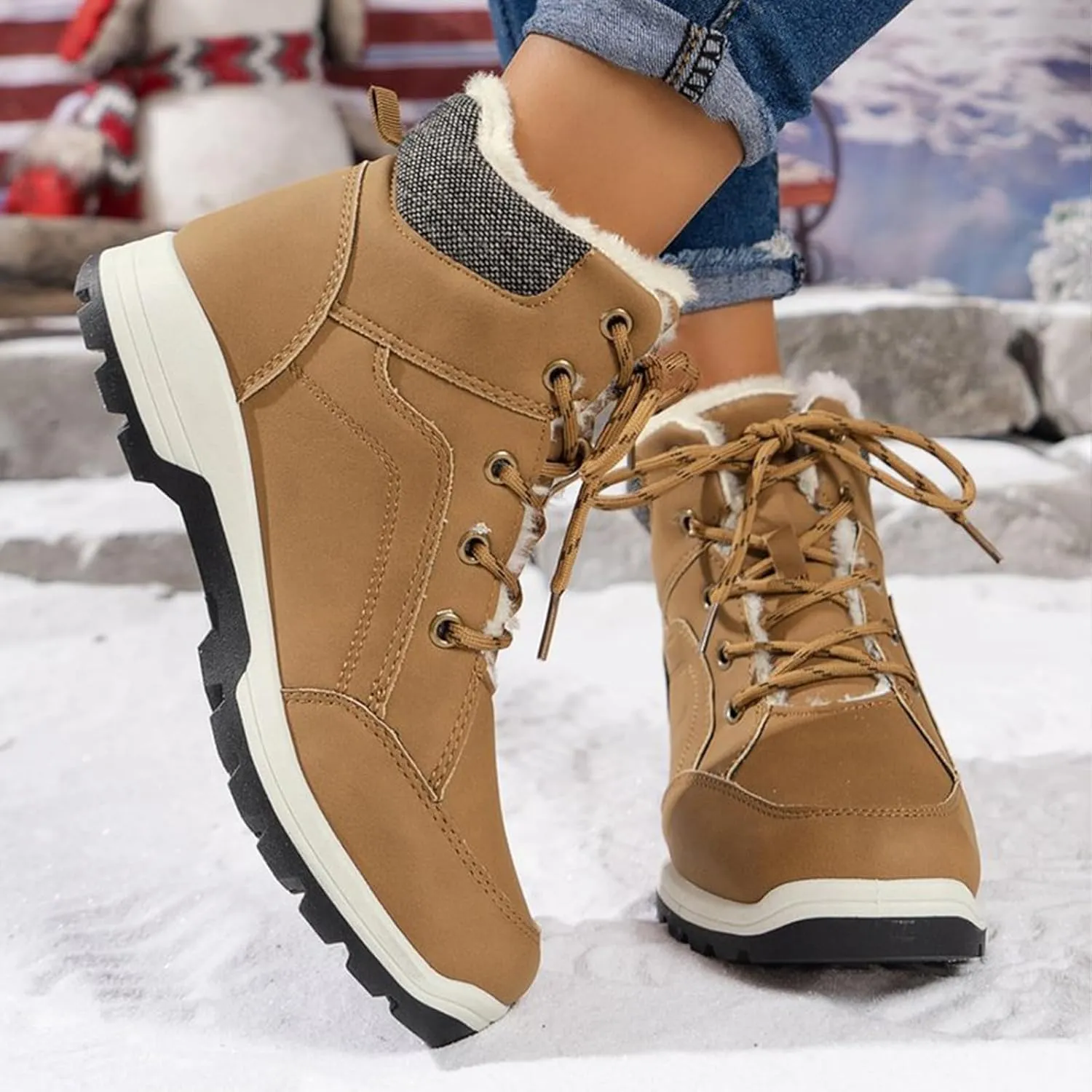 Men's Winter Snow Boots Waterproof Hiking Booties Warm Fur Lined Winter Boot Non-Slip Outdoor Ankle Shoes