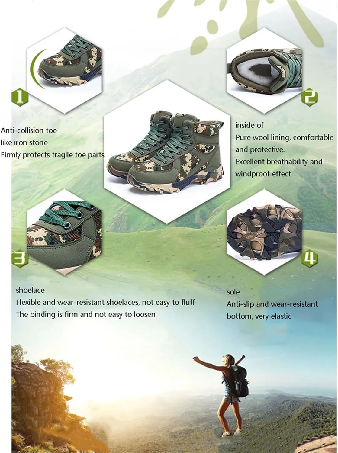 Men's Winter Waterproof Snow Boots, Mens Camouflage Waterproof Fur Lined Winter Hiking Snow Boot, Warm Anti Slip Comfortable Lace up Ankle Boots, for Hiking, Walking, Camping, Athletic