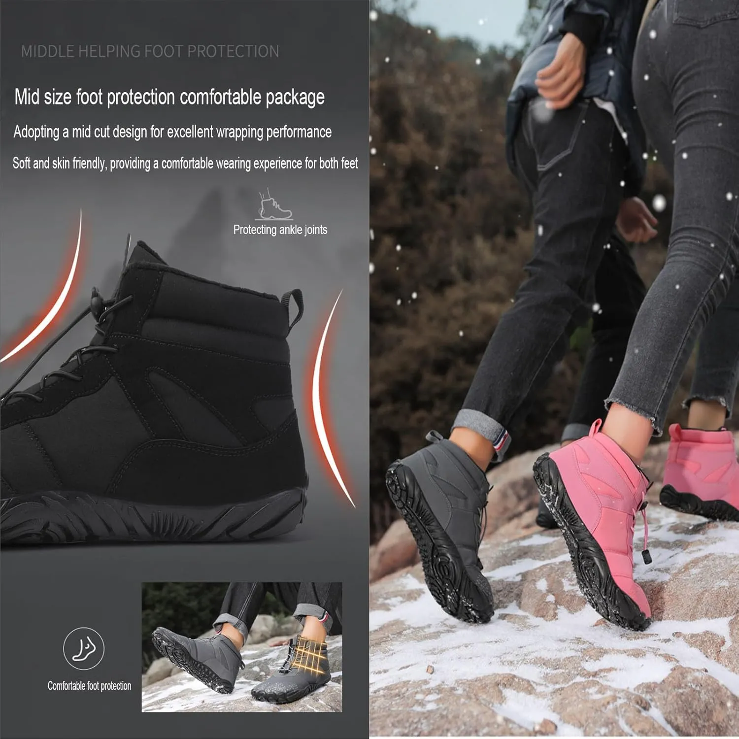 Myallfeet Barefoot Shoes Unisex Winter Boots Men's And Women's Outdoor Anti-Skid And Warm Insulation Hiking Cotton Boots Comfortable Fur Lined Snow Boots