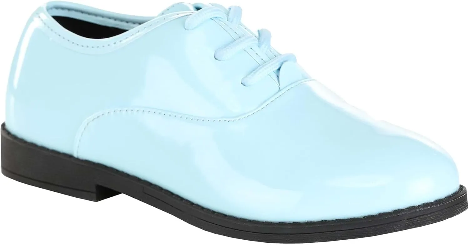 Powder Blue Shiny Tuxedo Shoes for Kids - Child, Faux Patent Leather, Lace-Up, Rubber Soles