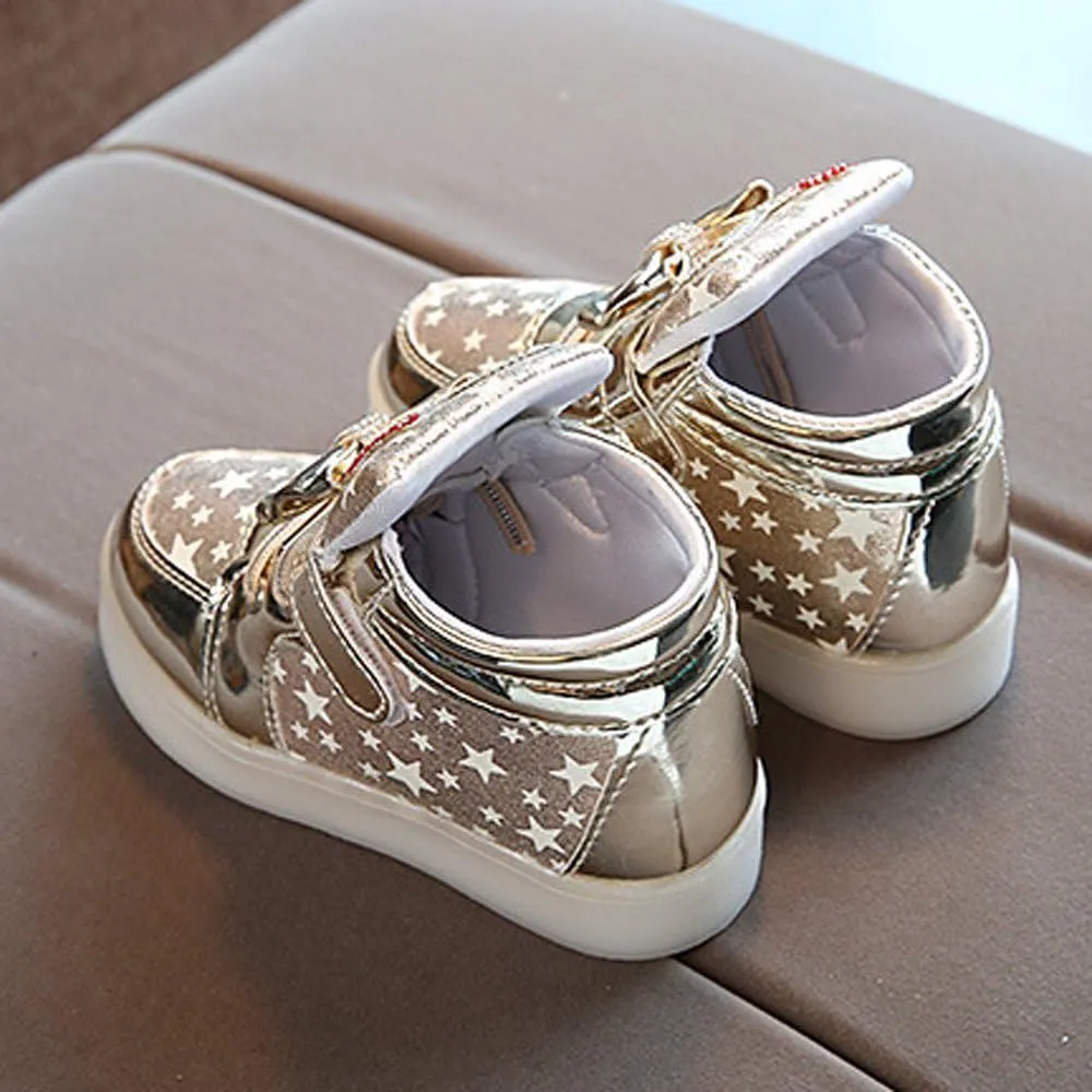 Toddler Girls Light Up Flat Sneakers Sequins Slip On Loafers Flashing LED Casual Squeaky Star Luminous Shoes