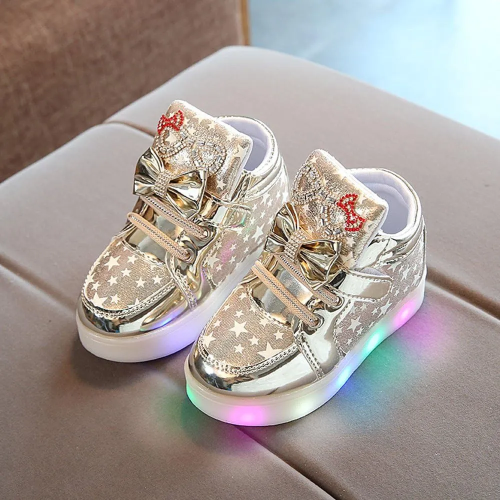 Toddler Girls Light Up Flat Sneakers Sequins Slip On Loafers Flashing LED Casual Squeaky Star Luminous Shoes