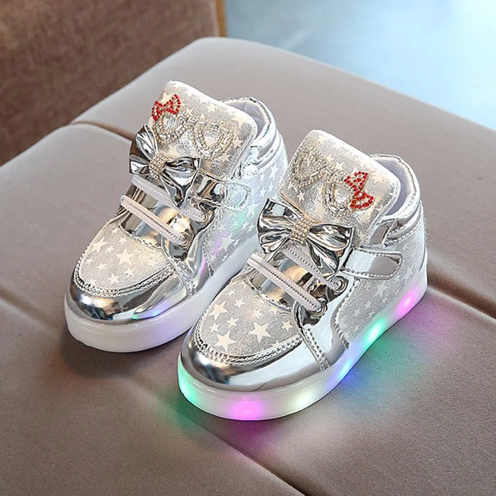 Toddler Girls Light Up Flat Sneakers Sequins Slip On Loafers Flashing LED Casual Squeaky Star Luminous Shoes