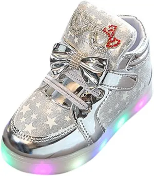 Toddler Girls Light Up Flat Sneakers Sequins Slip On Loafers Flashing LED Casual Squeaky Star Luminous Shoes