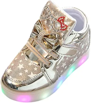 Toddler Girls Light Up Flat Sneakers Sequins Slip On Loafers Flashing LED Casual Squeaky Star Luminous Shoes