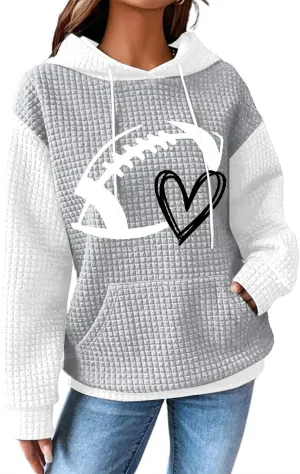 VILOVE Game Day Hooded Sweatshirt Women Funny Football Graphic Shirt Waffle Knit Game Day Pullover Hoodies Long Sleeve