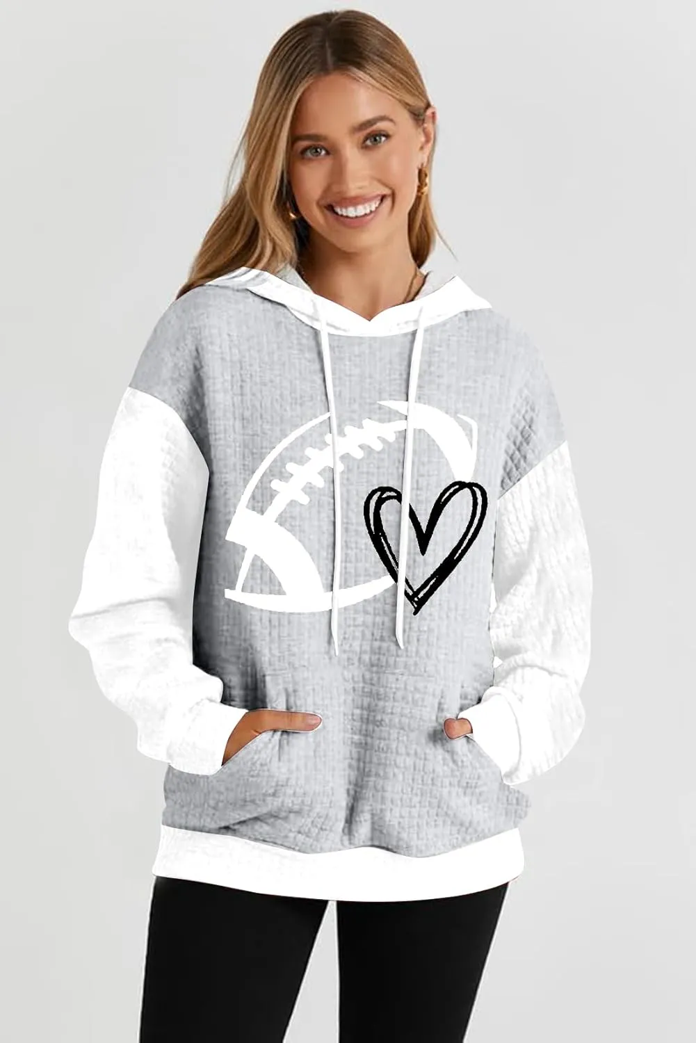VILOVE Game Day Hooded Sweatshirt Women Funny Football Graphic Shirt Waffle Knit Game Day Pullover Hoodies Long Sleeve