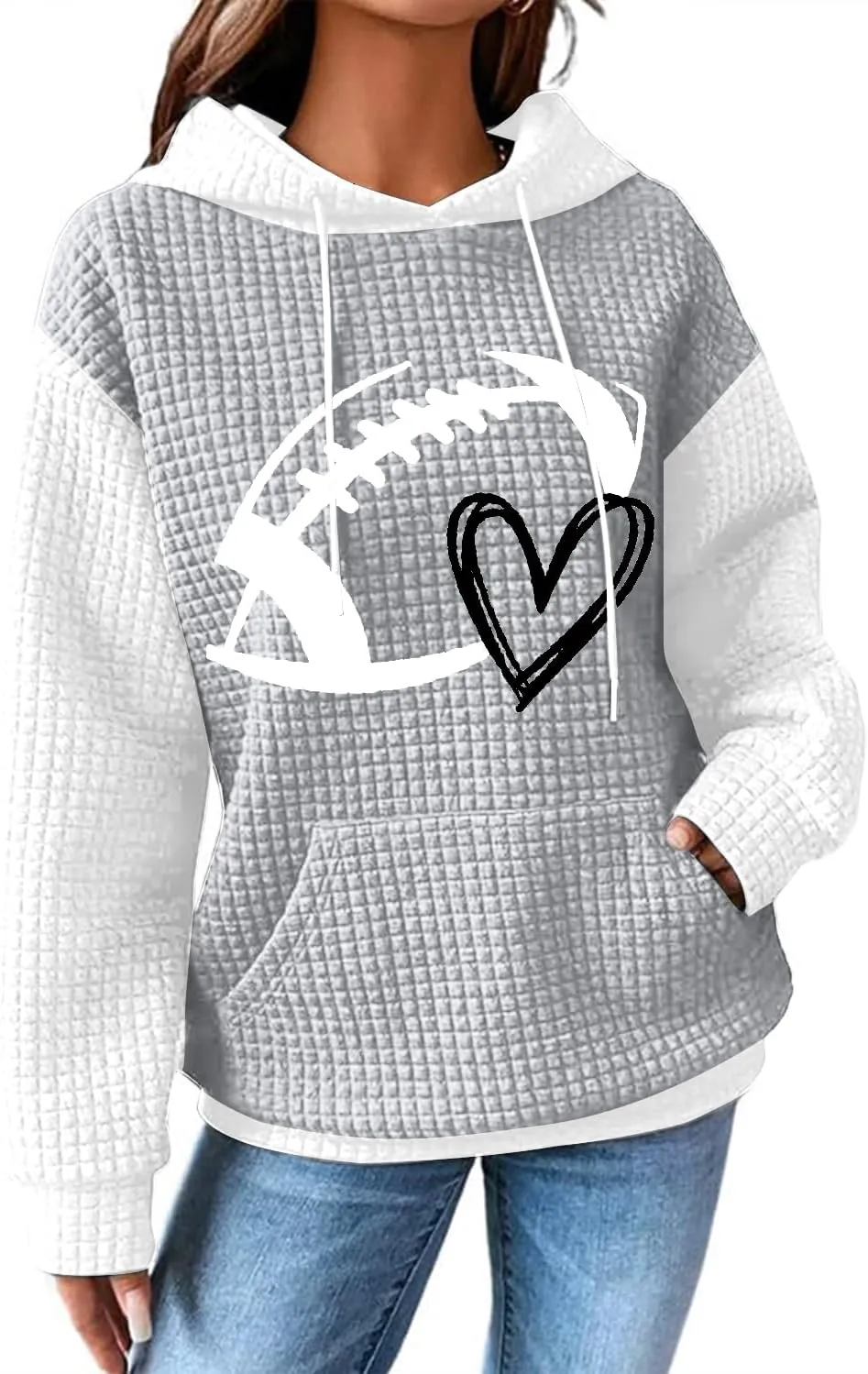 VILOVE Game Day Hooded Sweatshirt Women Funny Football Graphic Shirt Waffle Knit Game Day Pullover Hoodies Long Sleeve