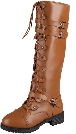 Women Knee High Combat Boots Chunky Heel Boots for Women Fashionable Thigh High Lace up Over the Knee Military Boots